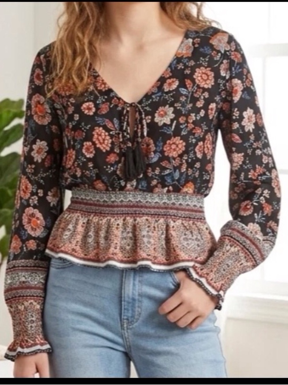 Forever 21 Boho Floral Lace-Up Peplum Blouse - Size Small